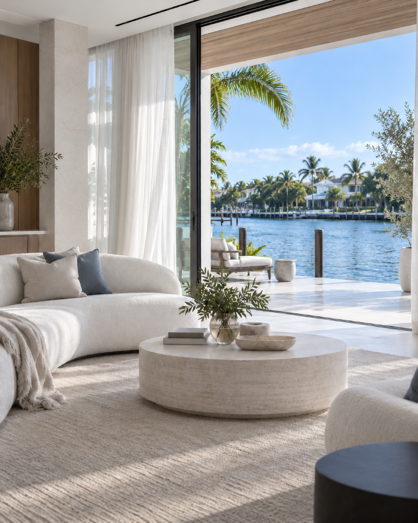 Living room opening onto a terrace with views across the water