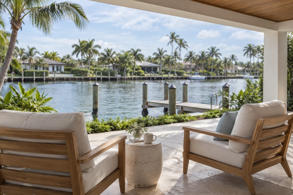 Two teak lounge chairs on a covered stone terrace looking out over a palm-lined canal