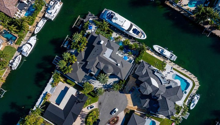 Aerial view of the waterfront estate and its dockage