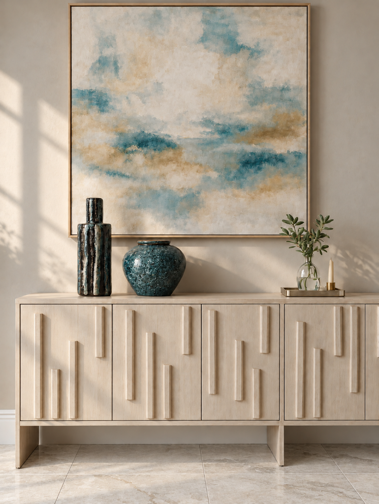 Styled sideboard with abstract coastal artwork and ceramic vases