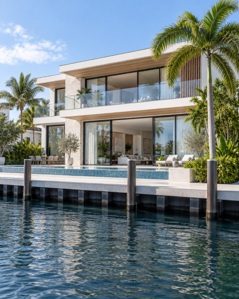 A poolside terrace with lounge chairs and planting, set along the water's edge